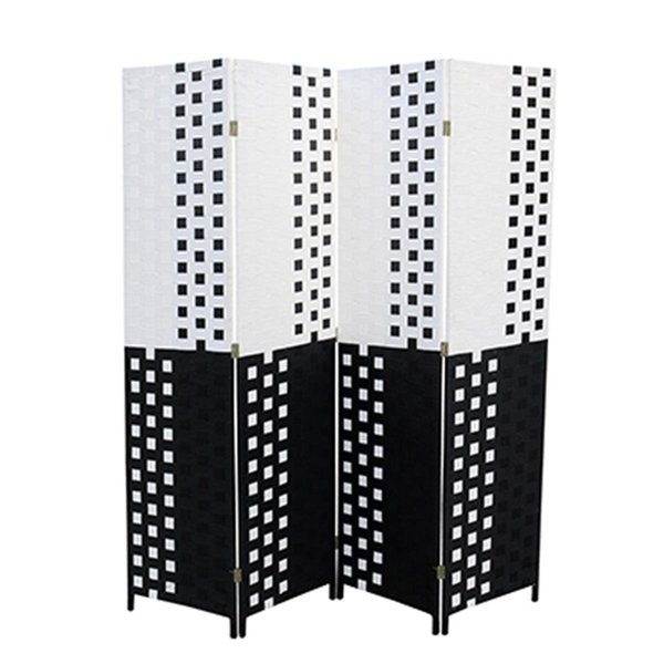 Manmade Black-White Paper Straw Weave 4 Panel Screen On 2 in. H Legs, Handcrafted MA2629609